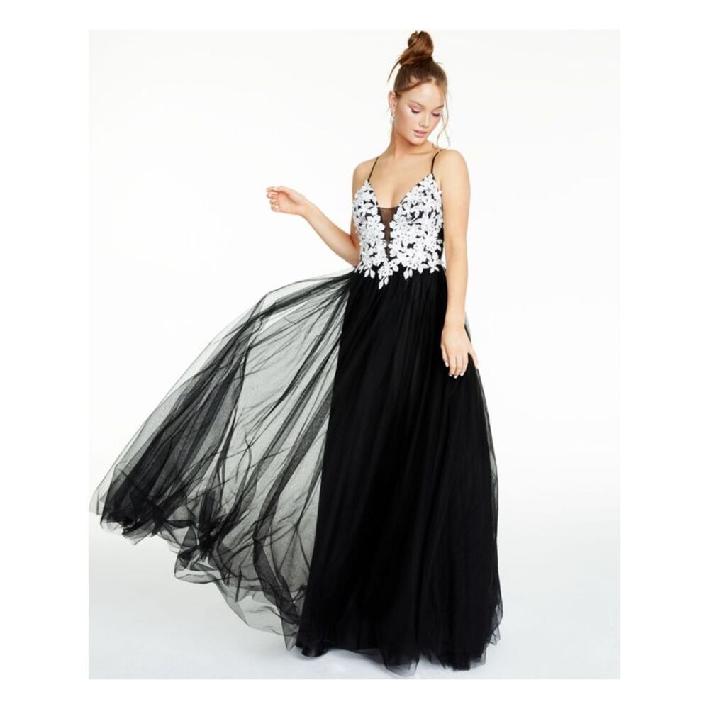 BLONDIE Womens Dress Black Spaghetti Strap Mesh Floral-applique Gown Juniors 9